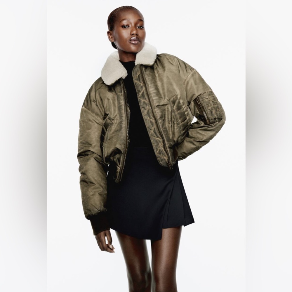 Zara DISTRESSED-EFFECT NYLON BOMBER JACKET. Khaki. Sizes XS, S, M. New with Tags